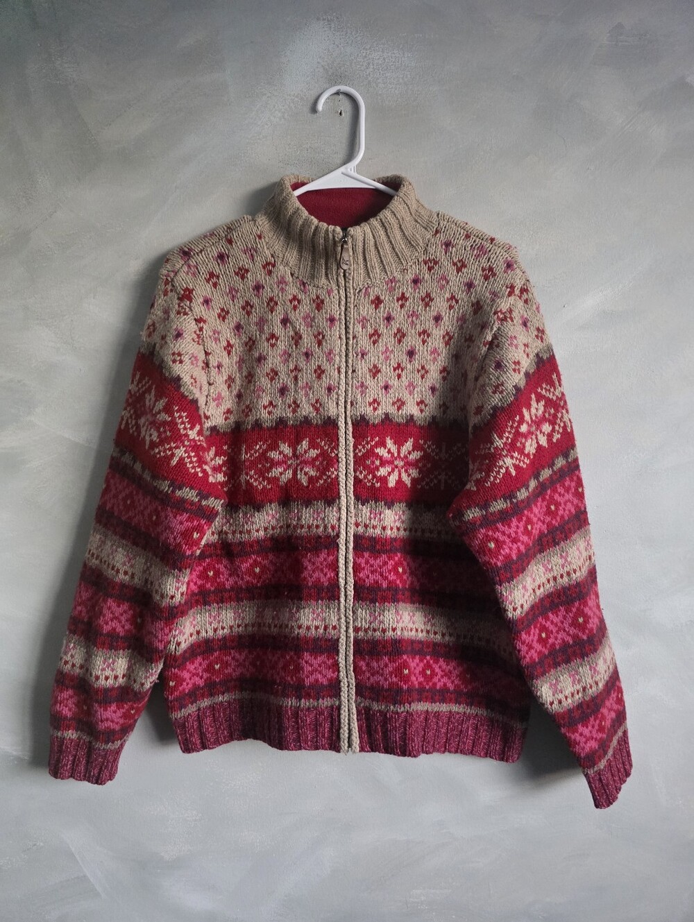 Vtg Eddie Bauer Fair Isle Zip Lambswool Cardigan Red Pink XL Nordic Yuletide